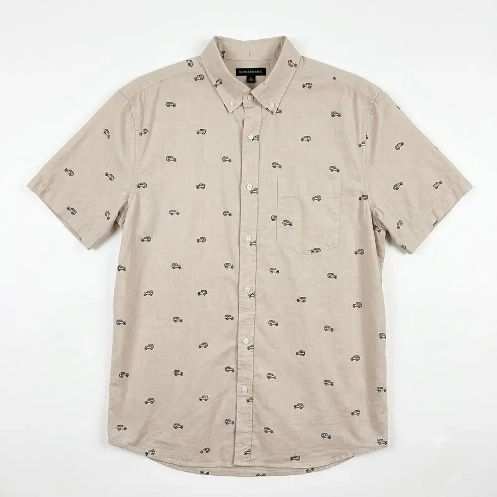 Banana Republic Slim Fit Jeep Print Shirt Beige Cotton Lawn Casual Mens XL